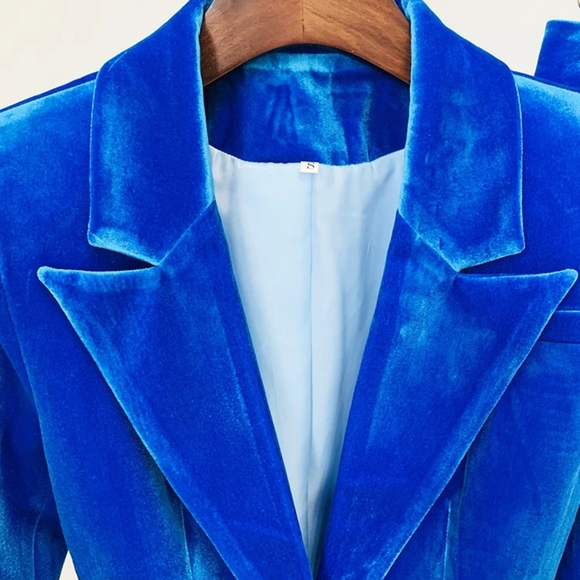 Runway Suit Set Women's Single Button Velvet Blazer Jacket Flare Pants Set - Picture 5 of 6